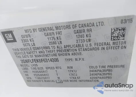 2015 Chevrolet Equinox 1Lt from USA, damaged, VIN 2GNFLFEK6F6314306